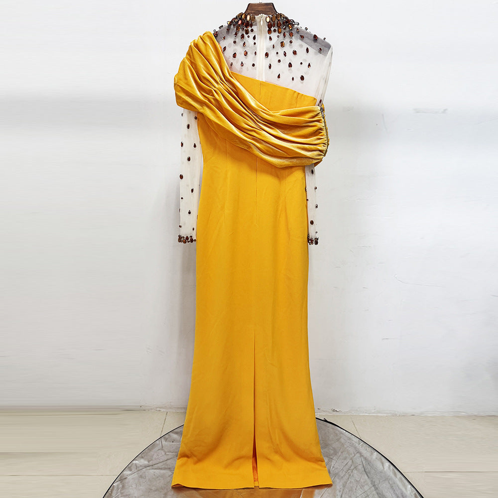 MESH PANEL BEADED RHINESTONE MAXI DRESS YELLOW
