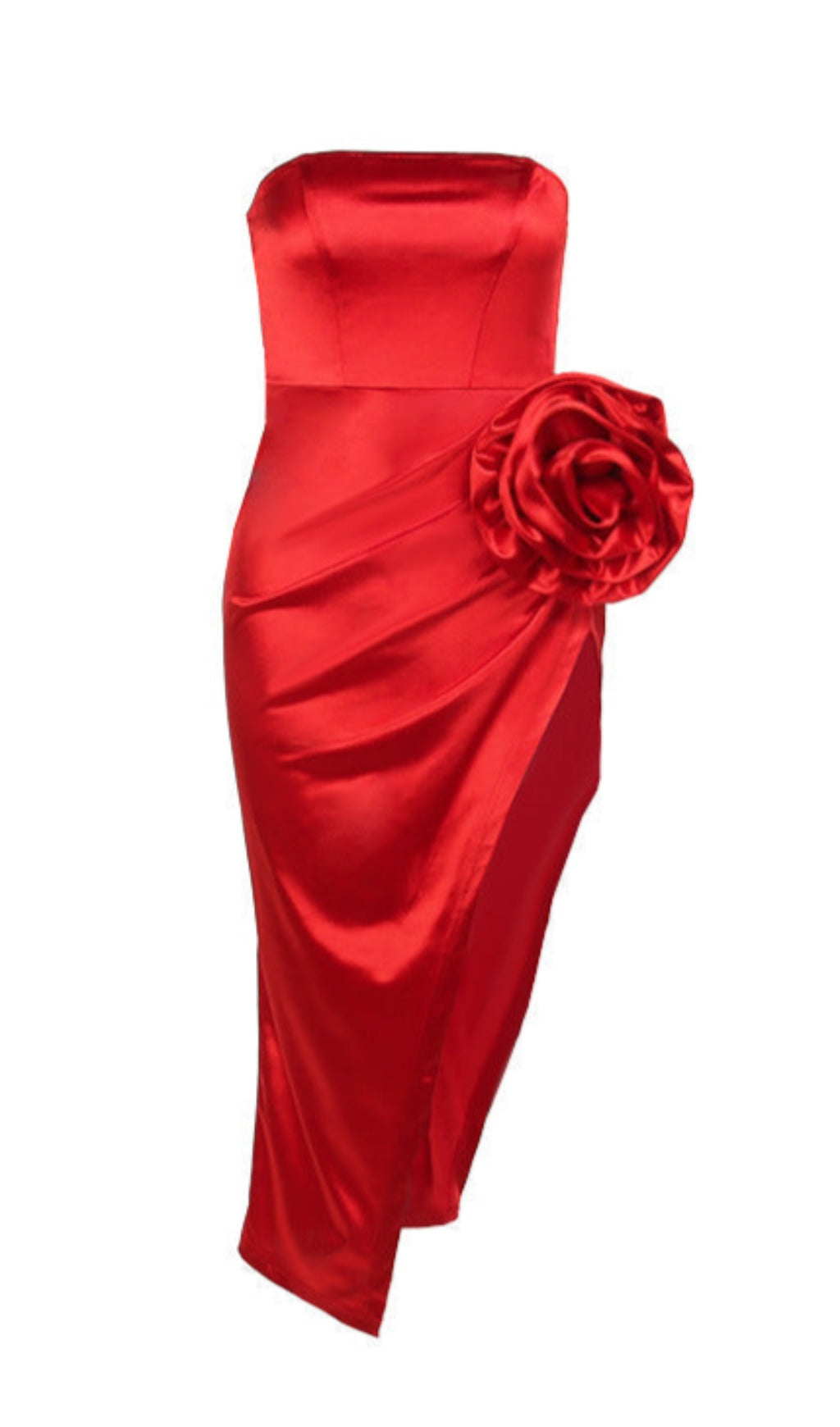 STRAPLESS FLOWER SATIN MIDI DRESS FOR WEDDING