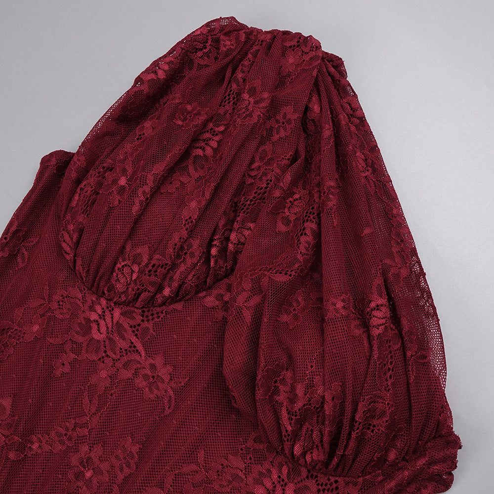 WENDY BURGUNDY LACE ONE-SHOULDER MAXI DRESS FOR EVENTS