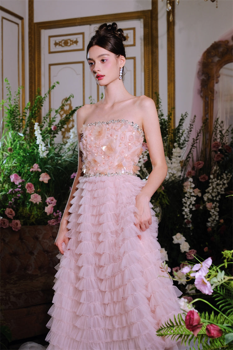 PINK PRINCESS RUFFLE MIDI STRAPLESS FLORAL DRESS