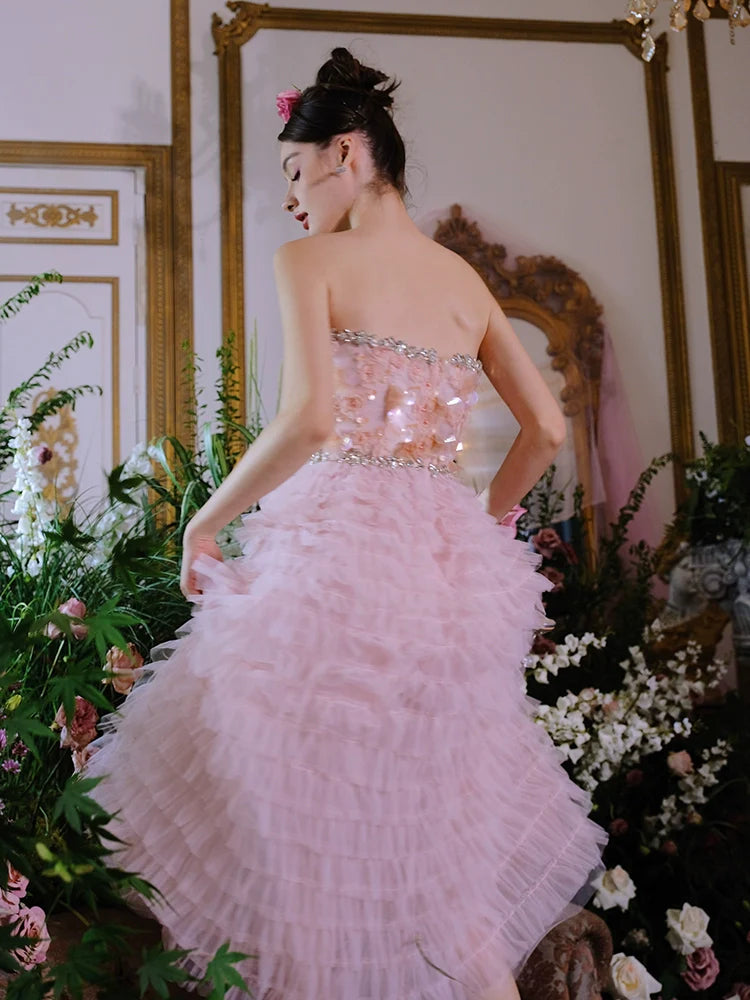 PINK PRINCESS RUFFLE MIDI STRAPLESS FLORAL DRESS
