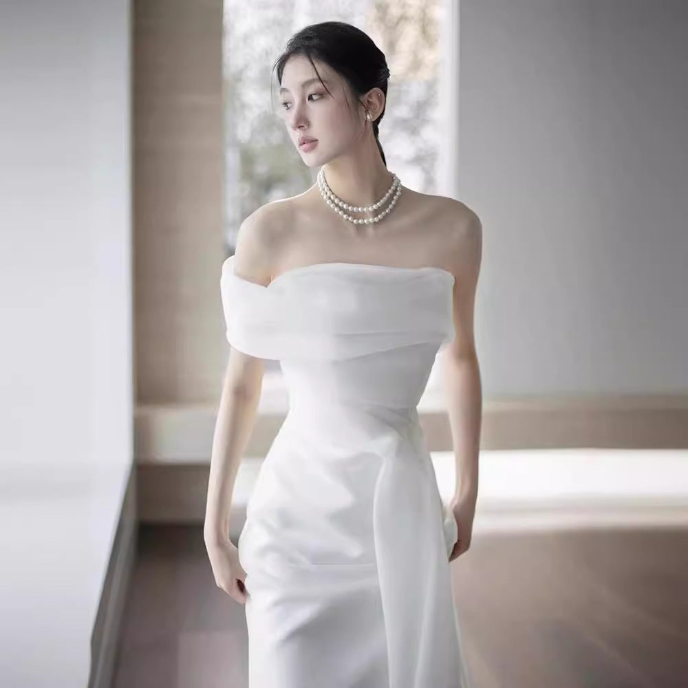 ELEGANT WHITE FRENCH ONE-SHOULDER MERMAID MAXI DRESS