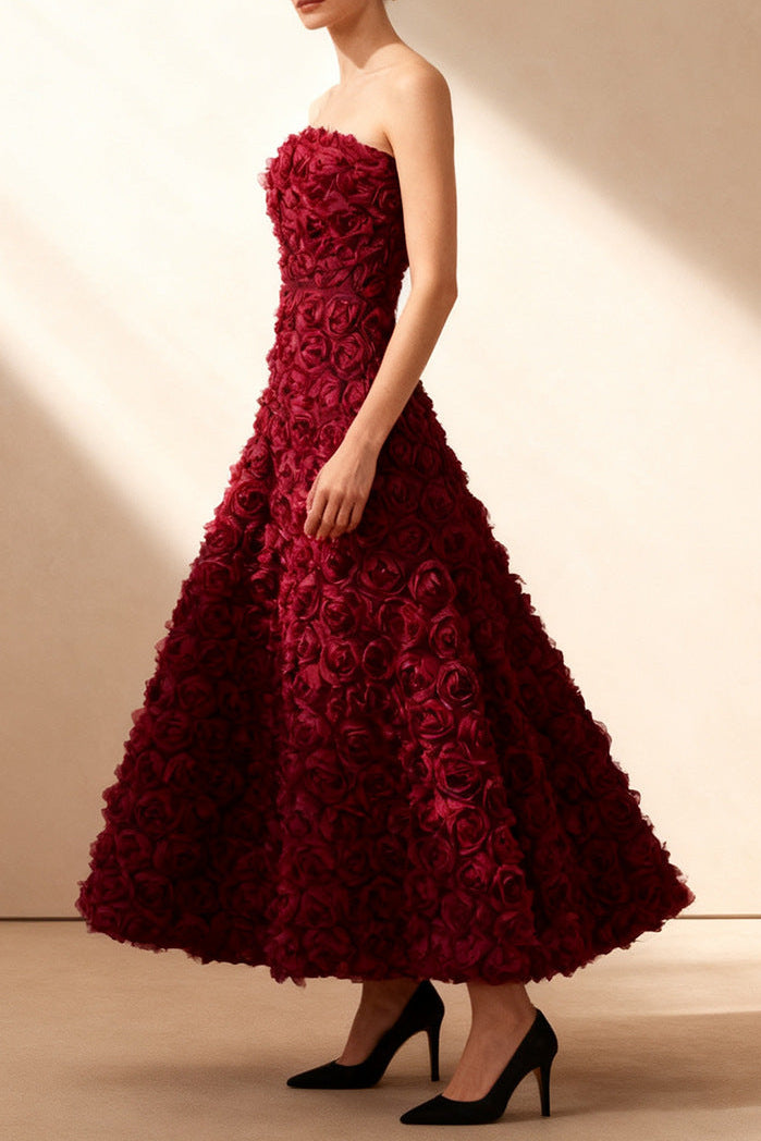 MONA 3D ROSE MESH STRAPLESS MAXI DRESS WINE RED