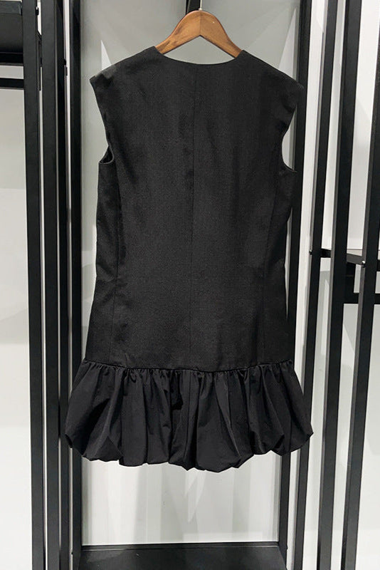 BUTTON FRONT BUBBLE HEM MINI DRESS, BLACK