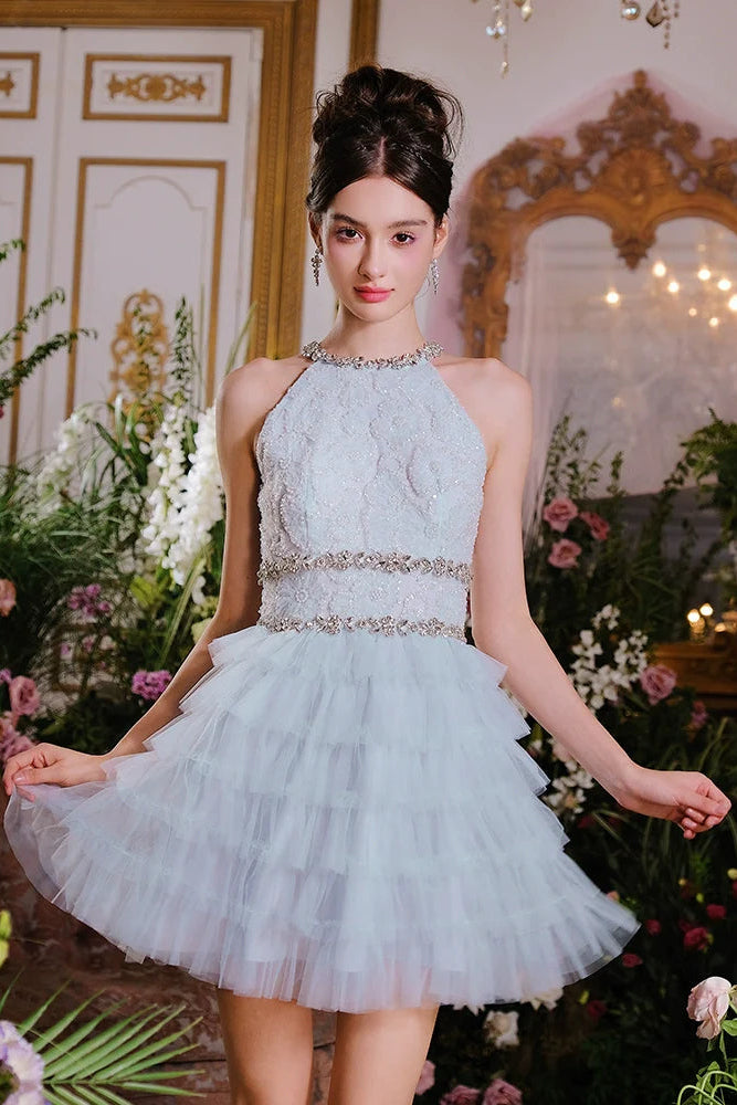 SLEEVELESS HALTER LAYERED PARTY DRESS