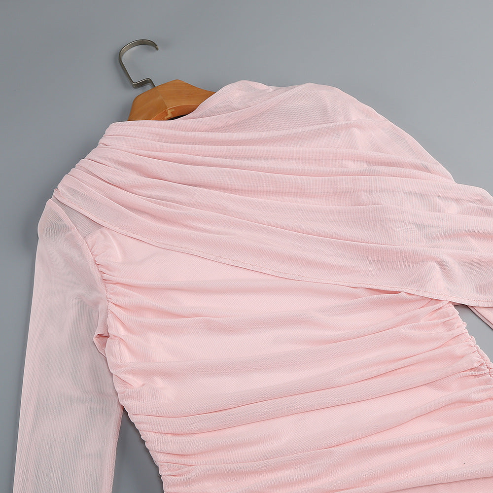 HIGH-NECK PLEATED MESH MAXI DRESS, PINK