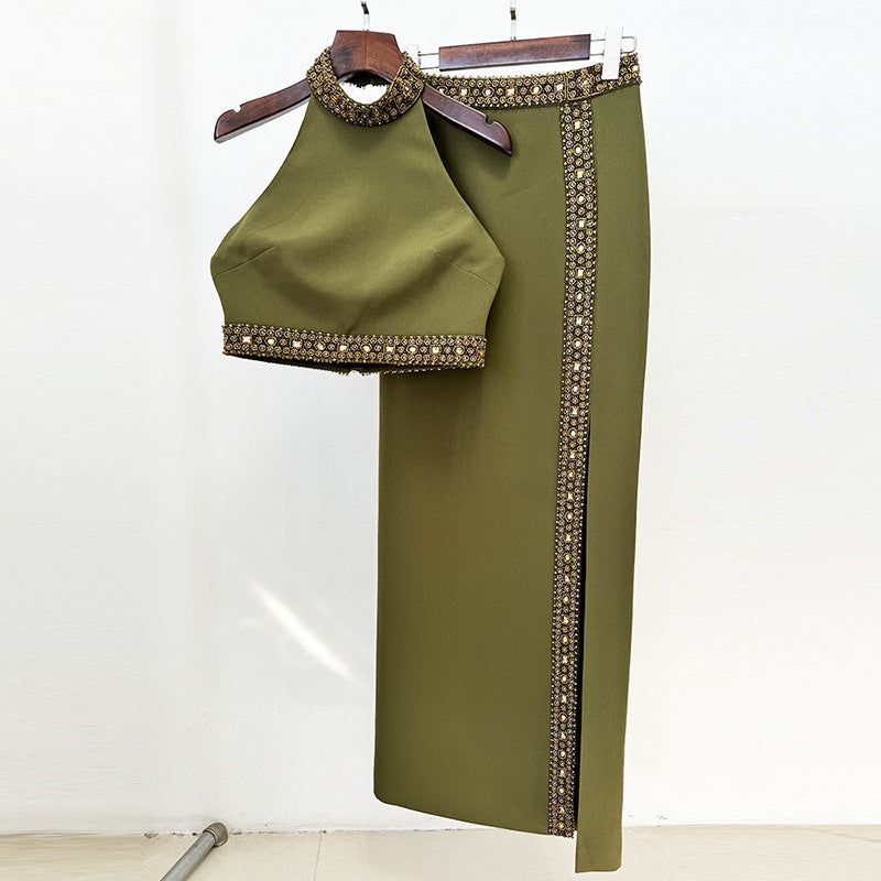 BEADED HALTER TOP & SLIT SKIRT SUIT GREEN