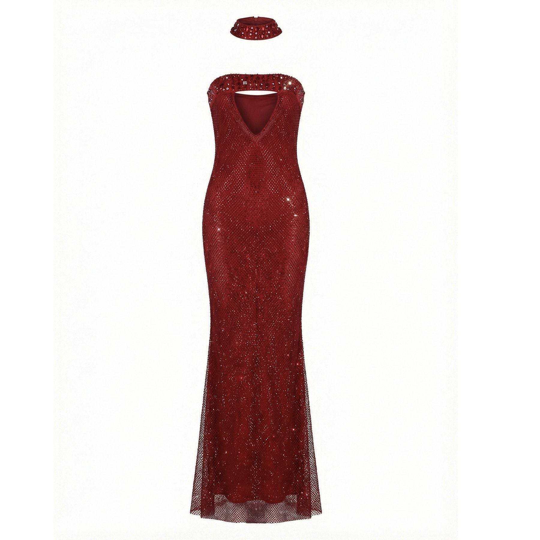 SHERRY SEQUIN STRAPLESS MAXI DRESS RHINESTONE RED