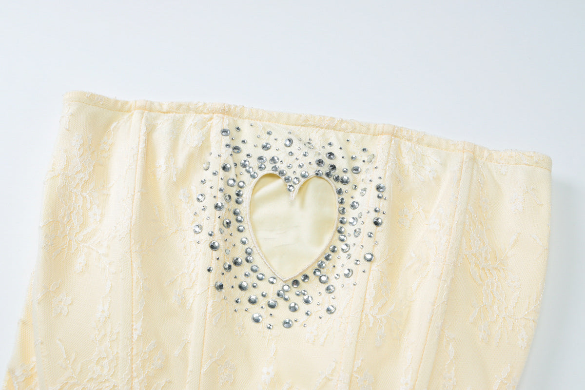 MEROY STRAPLESS YELLOW LACE MINI DRESS FOR PARTY