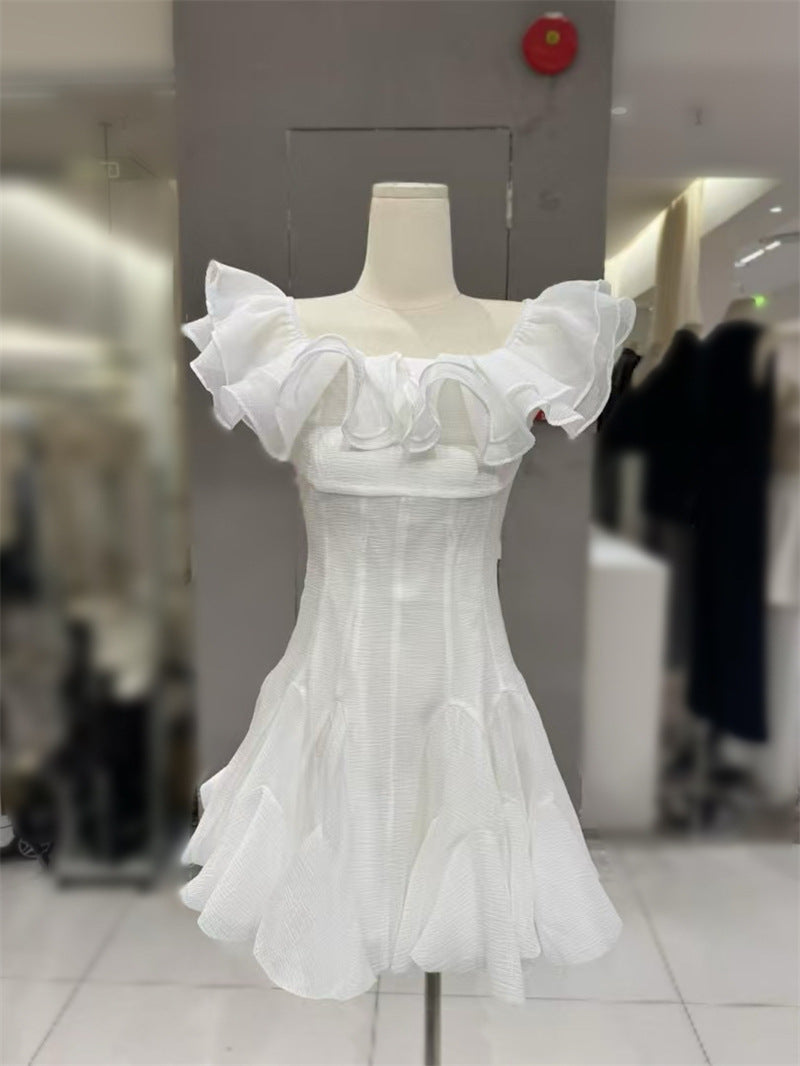 STEPHANIE OFF-SHOULDER RUFFLE MINI DRESS WHITE