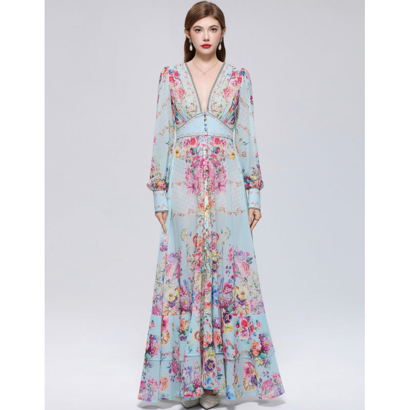 XAVIERA A-LINE PRINTED MAXI DRESS IN CHIFFON MESH