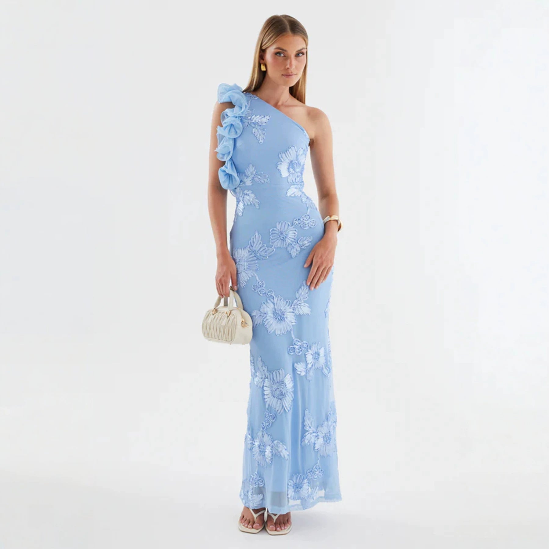NOVIA ONE-SHOULDER 3D FLOWER BODYCON MAXI DRESS