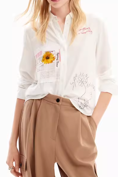 WHITE SUNFLOWER PRINT LONG SLEEVE BUTTON-DOWN SHIRT