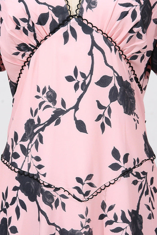 V-NECK SATIN FLORAL MIDI DRESS PINK