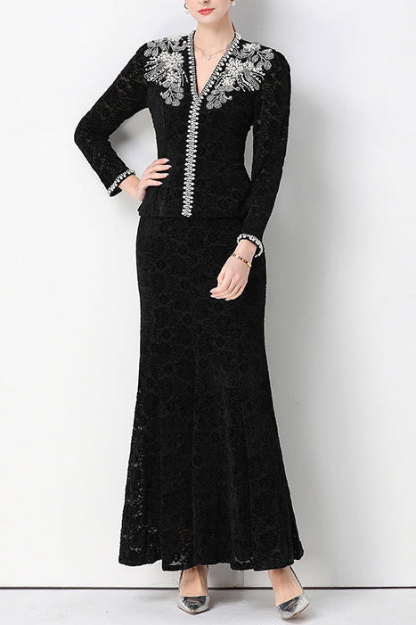 O1CN01WOLJ7E1rKLqdDIsku__2206680355612-0-cib GEORGIA BEADED LACE V-NECK TOP & FISHTAIL SKIRT SET