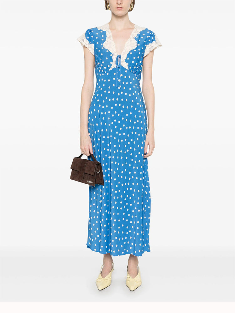 POLKA DOT LACE V-NECK MAXI DRESS IN BLUE