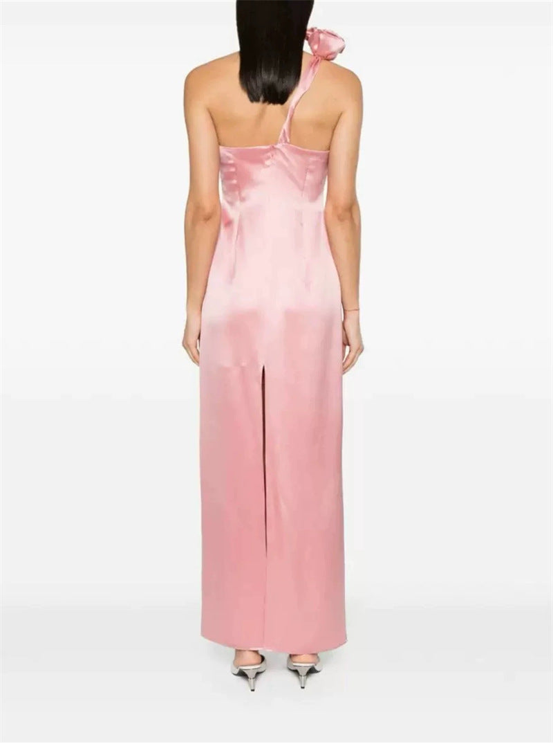 YVONNE ONE-SHOULDER 3D FLOWER SATIN MAXI DRESS PINK