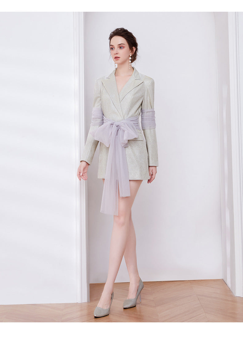 JANICE GLITTER RIBBON BLAZER DRESS, CHAMPAGNE