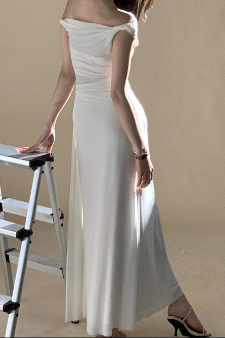 WHITE OFF-SHOULDER DRAPED MAXI DRESS FOR PARTY