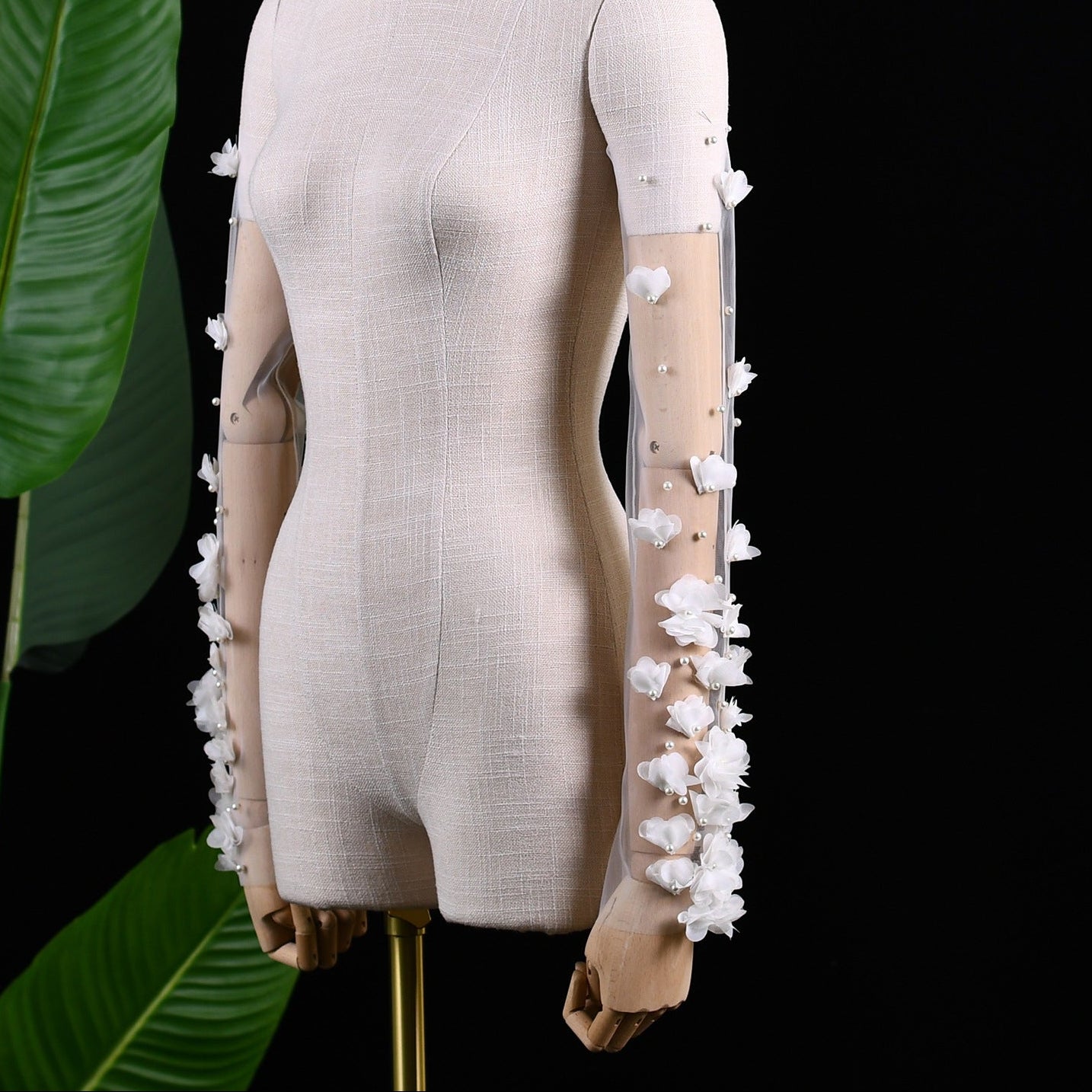SHEER TULLE DETACHABLE SLEEVES, 3D FLOWERS & PEARLS