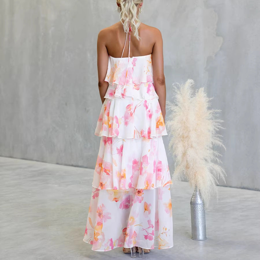 FLORAL RUFFLE HALTER MIDI DRESS - PINK