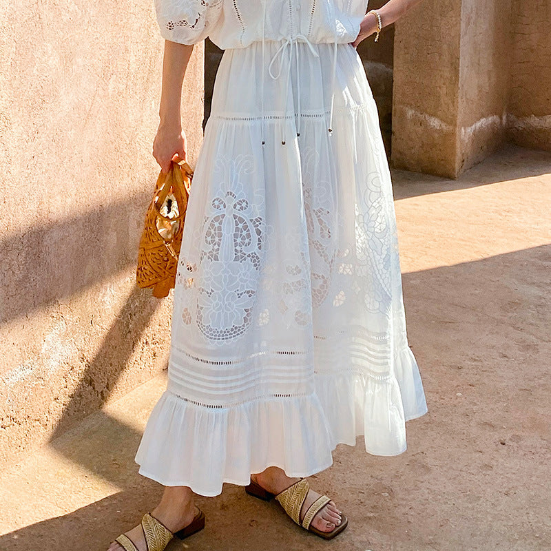 WHITE EYELET TIERED MAXI DRESS WITH PUFF SLEEVES
