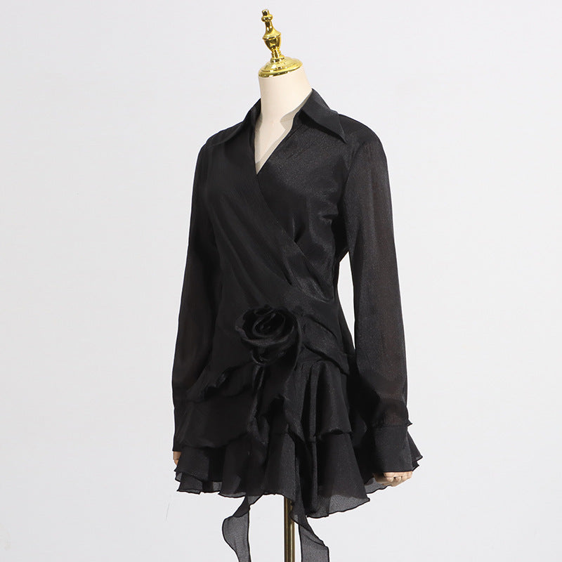 FLOWER RUFFLE RIBBON MINI DRESS, BLACK, PARTY