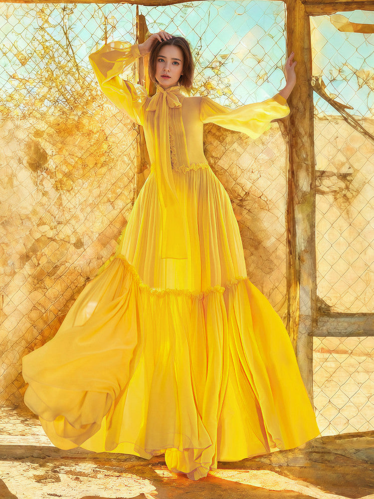 YELLOW SWING DRESS LONG SLEEVE CASUAL OCCASION