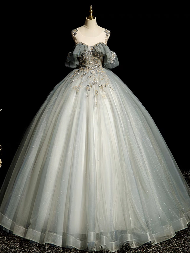 A-LINE TULLE GRAY BLUE PROM DRESS