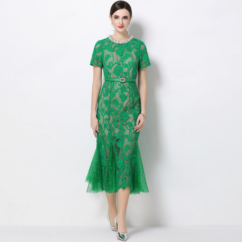 RHINESTONE FLOWER LACE FISHTAIL MIDI DRESS - GREEN