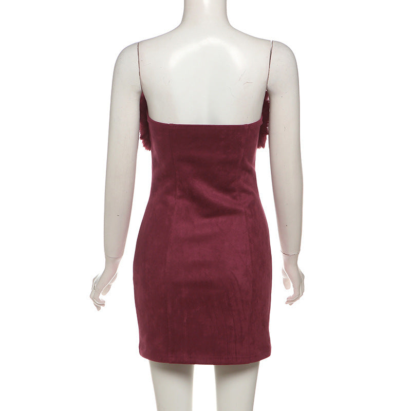 BURGUNDY FUR TRIM BANDAGE MINI DRESS, PARTY NIGHT