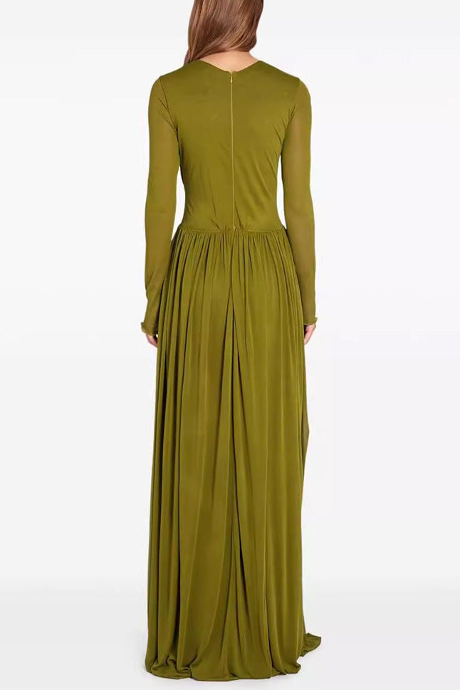 ELEGANT PLEATED MAXI DRESS IN OLIVE GREEN