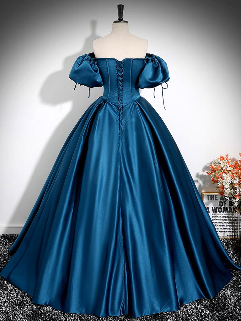 A-LINE PUFF SLEEVE SATIN PEACOCK BLUE PROM DRESS
