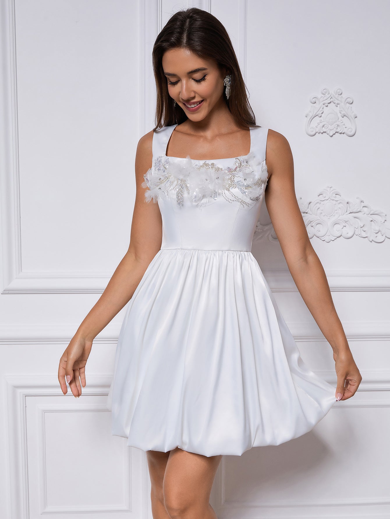 SABINA PUFFY MINI DRESS - WHITE SATIN APPLIQUÉ WEDDING
