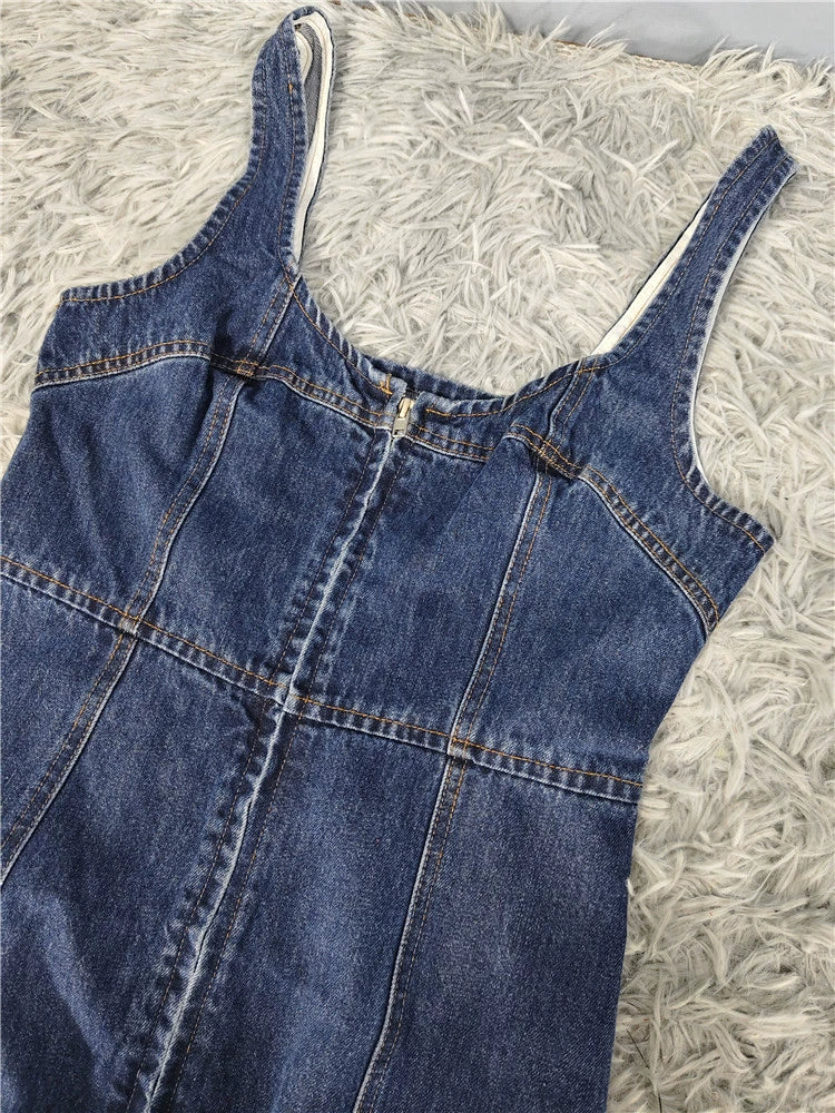DENIM SQUARE NECK SUSPENDER SLIM MINI DRESS