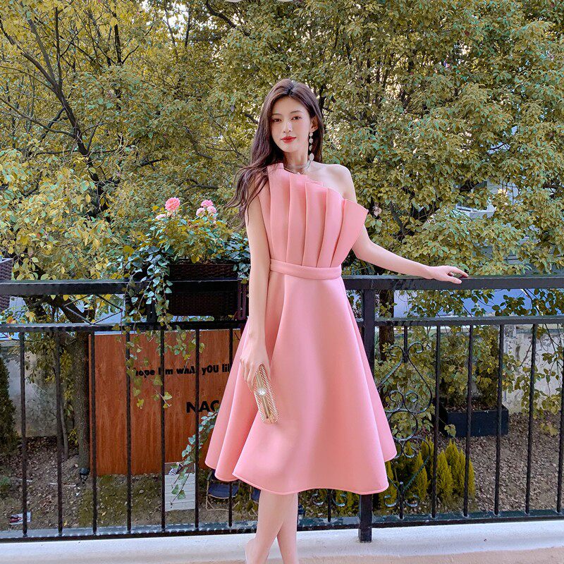 RUFFLED HEM STRAPLESS ONE-SHOULDER MIDI DRESS