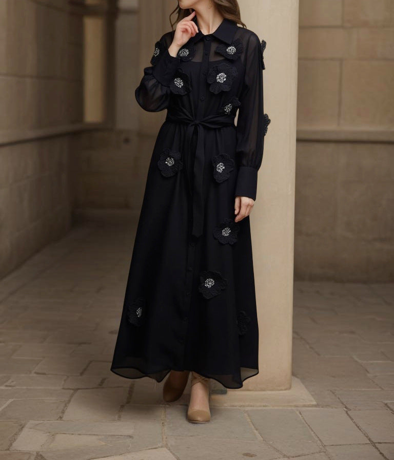 SUSANNA FLORAL APPLIQUE SHIRT MIDI DRESS BLACK