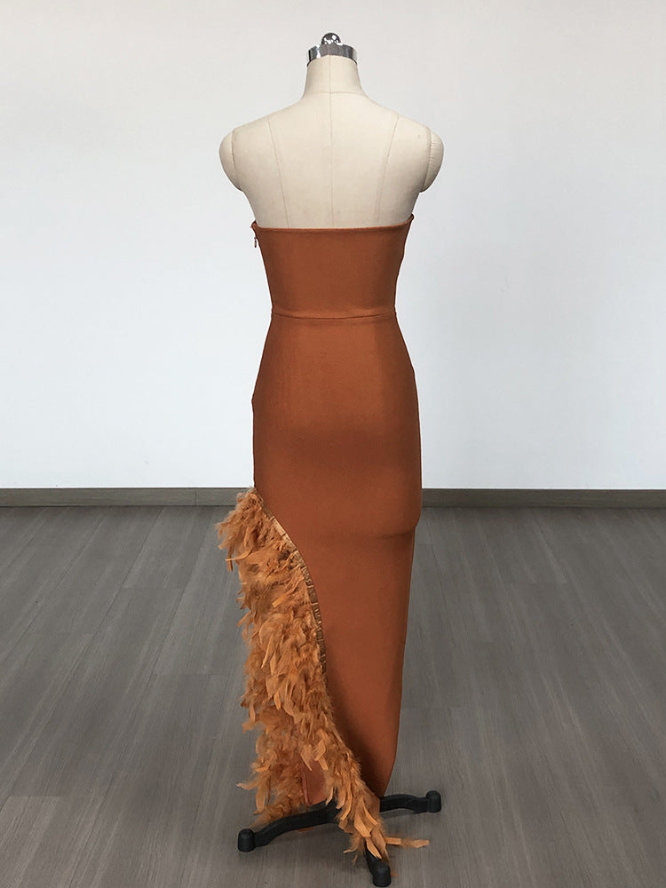 OSTRICH FEATHER V-NECK BANDAGE DRESS BROWN