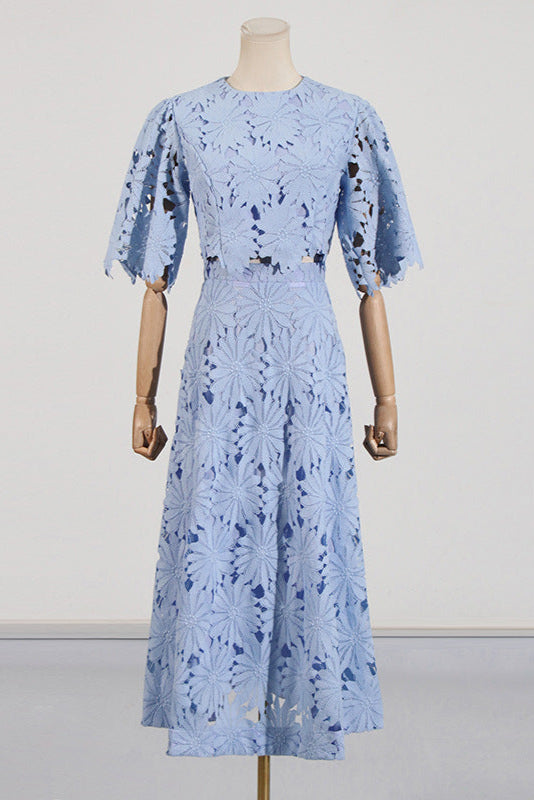LACE EMBROIDERED BLUE TWO-PIECE SET, MAXI SKIRT, BOHO