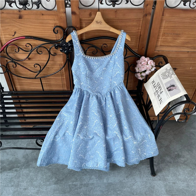 BEADED SQUARE NECK BOW A-LINE MINI DRESS FOR PARTY