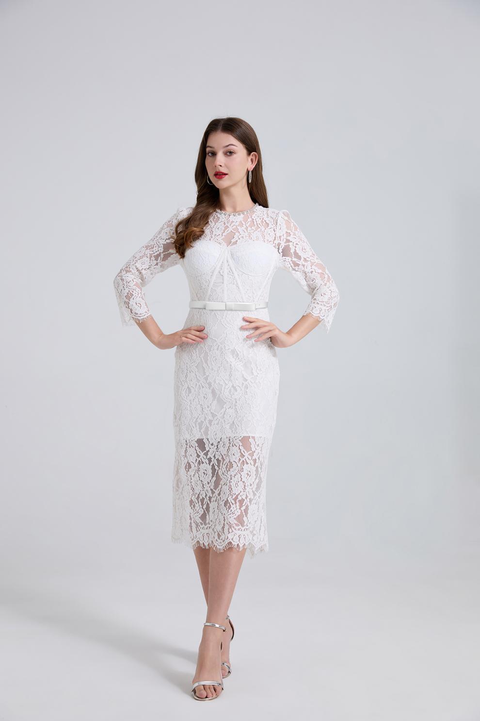 RHINESTONE LACE MIDI DRESS IN WHITE FOR WEDDING GUEST