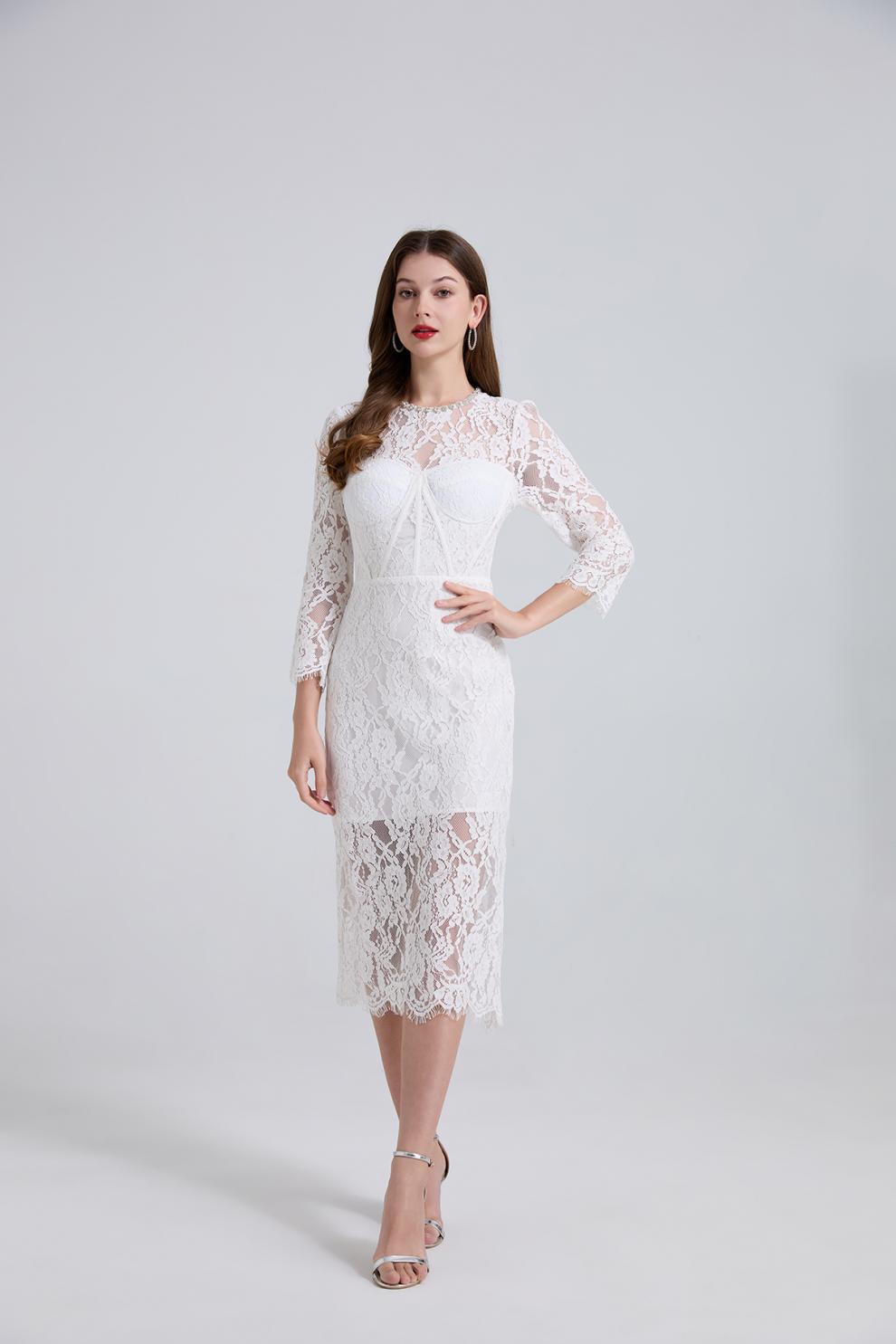 RHINESTONE LACE MIDI DRESS IN WHITE FOR WEDDING GUEST