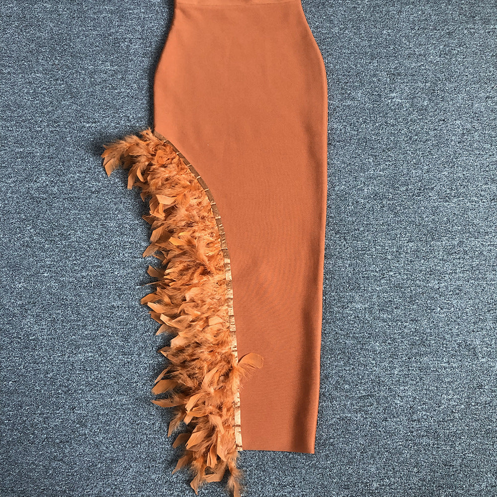 OSTRICH FEATHER V-NECK BANDAGE DRESS BROWN