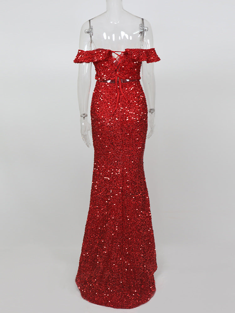 RED OFF-SHOULDER SEQUIN PARTY DRESS