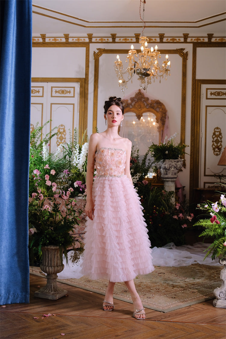 PINK PRINCESS RUFFLE MIDI STRAPLESS FLORAL DRESS