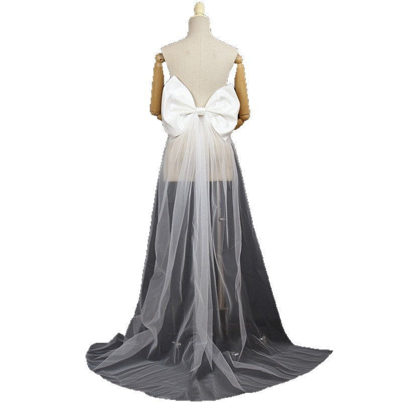 OVERSIZED WHITE SATIN BACK BOW WEDDING SASH WITH TULLE TRAIN