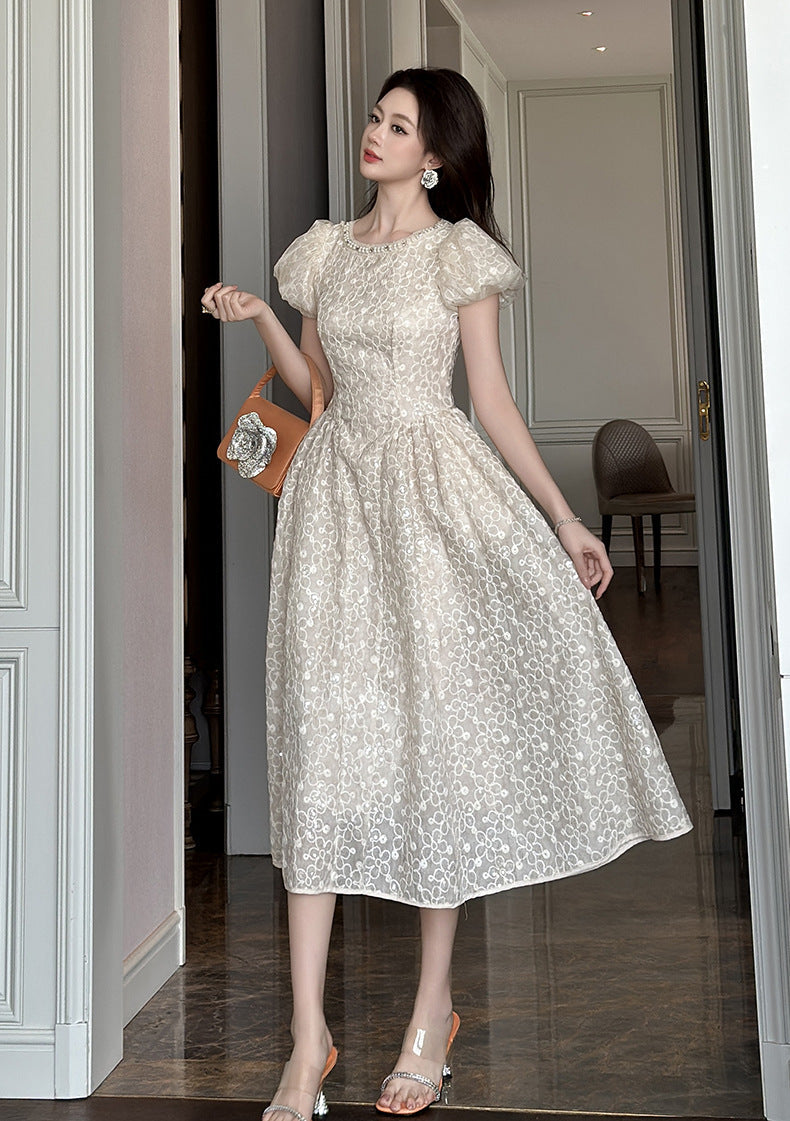 PEARL NECK PUFF SLEEVE LACE FLARE MAXI DRESS APRICOT