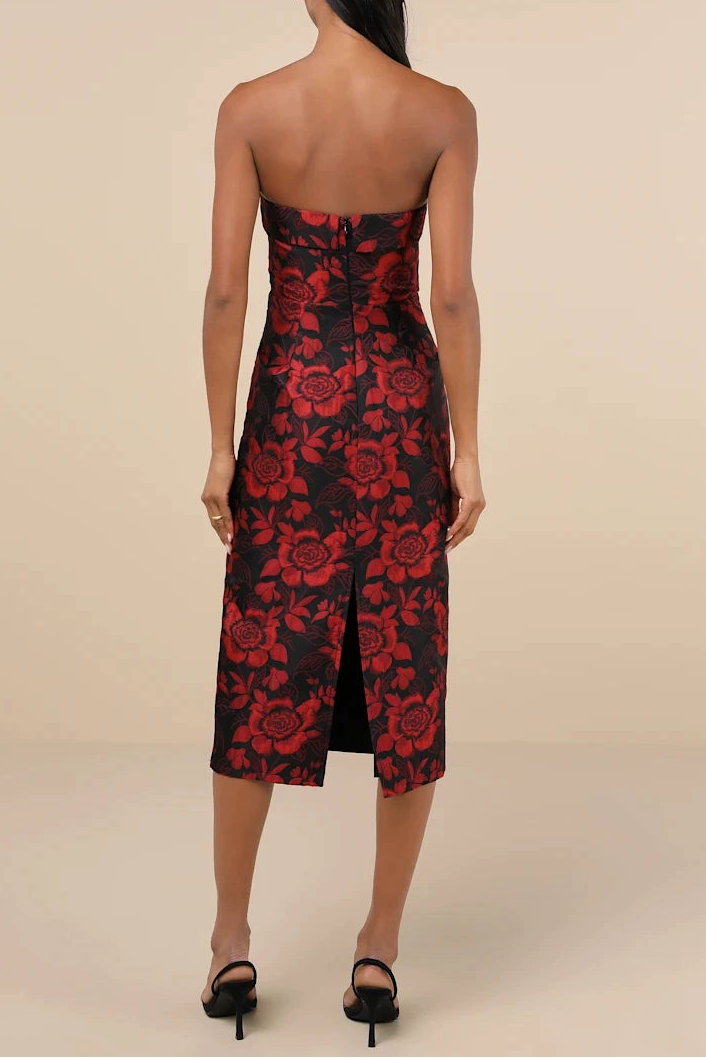 BURGUNDY VINTAGE FLORAL WRAP MIDI DRESS