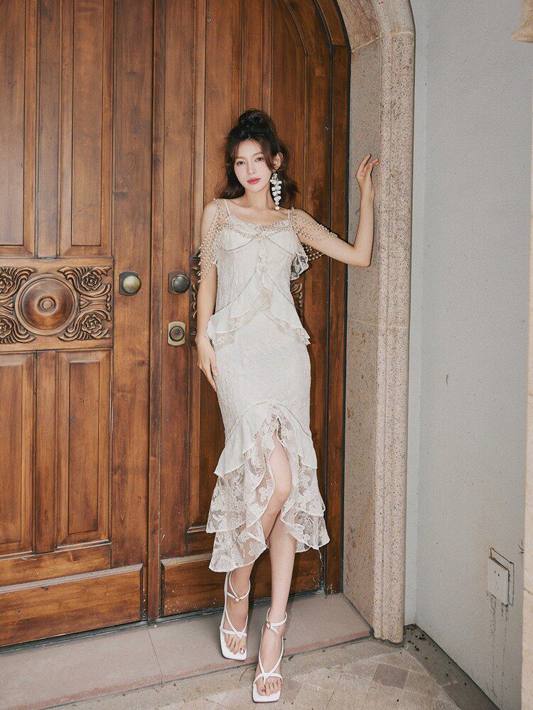 FREDERICA LACE RUFFLED SLIP DRESS, ROMANTIC OCCASION
