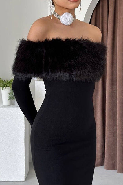 SUSIE FURRY BODYCON MIDI DRESS BLACK PARTY